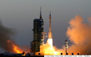 Shenzhou-11 manned spacecraft carrying astronauts Jing Haipeng and Chen Dong blasts off from the launchpad  in Jiuquan